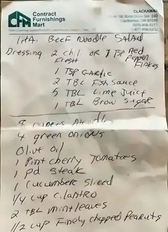 Greg’s handwritten recipe for Thai beef noodle salad