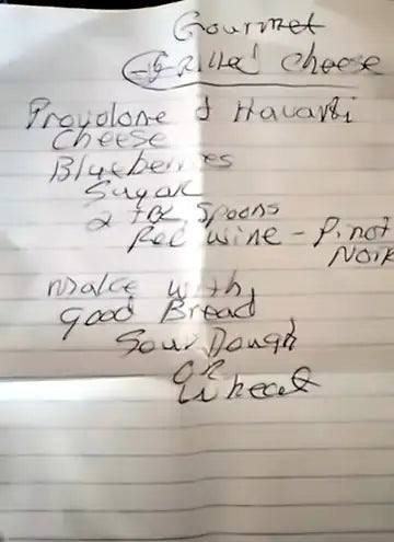 Greg’s handwritten recipe for gourmet grilled cheese