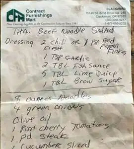 Greg’s card for Thai Beef Noodle Salad